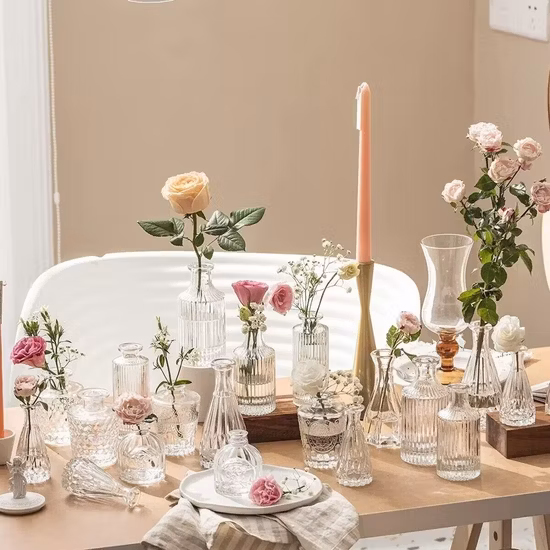 Kleine klare, niedliche Mini-Vintage-Dekorationen, Zuhause, Tisch, Blumendekoration, Glasvasen für rustikale Hochzeiten